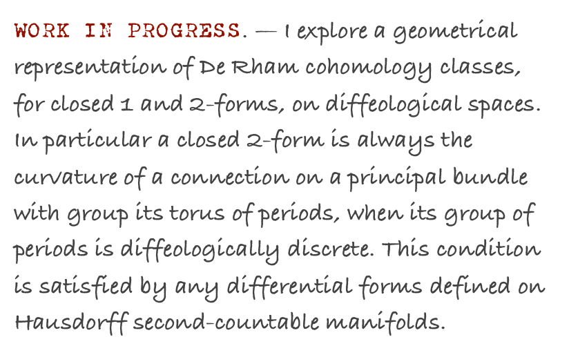 WORK IN PROGRESS. — I explore a geometrical representation of De Rham cohomology classes, for closed 1 and 2-forms, on diffeological spaces. In particular a closed 2-form is always the curvature of a connection on a principal bundle with group its torus of periods, when its group of periods is diffeologically discrete. This condition is satisfied by any differential forms defined on Hausdorff second-countable manifolds. 