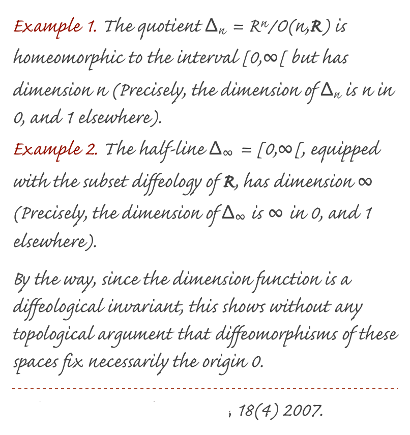 Example 1. The quotient ∆n = Rn/O(n,R) is homeomorphic to the interval [0,∞[ but has dimension n (Precisely, the dimension of ∆n is n in 0, and 1 elsewhere).
Example 2. The half-line ∆∞ = [0,∞[, equipped with the subset diffeology of R, has dimension ∞ (Precisely, the dimension of ∆∞ is ∞ in 0, and 1 elsewhere). 
By the way, since the dimension function is a diffeological invariant, this shows without any topological argument that diffeomorphisms of these spaces fix necessarily the origin 0.
￼
Indagationes Mathematicae, 18(4) 2007.