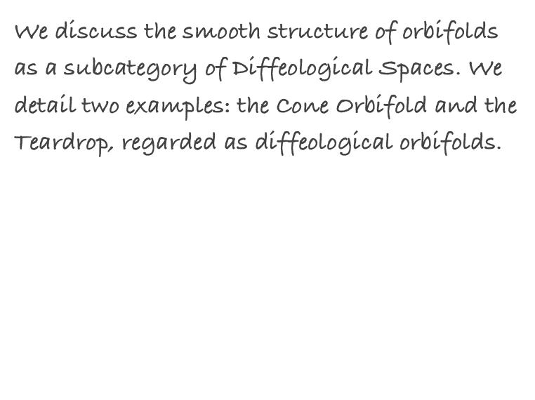 We discuss the smooth structure of orbifolds as a subcategory of Diffeological Spaces. We detail two examples: the Cone Orbifold and the Teardrop, regarded as diffeological orbifolds.