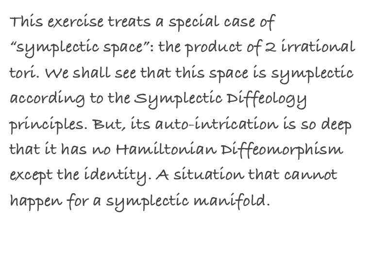 This exercise treats a special case of “symplectic space”: the product of 2 irrational tori. We shall see that this space is symplectic according to the Symplectic Diffeology principles. But, its auto-intrication is so deep that it has no Hamiltonian Diffeomorphism except the identity. A situation that cannot happen for a symplectic manifold.