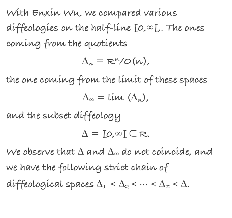 With Enxin Wu, we compared various diffeologies on the half-line [0,∞[,. The ones coming from the quotients 
∆n = Rn/O(n),
the one coming from the limit of these spaces
∆∞ = lim (∆n),
and the subset diffeology
∆ = [0,∞[ ⊂ R.
We observe that ∆ and ∆∞ do not coincide, and we have the following strict chain of diffeological spaces ∆1  ≺ ∆2 ≺ … ≺ ∆∞ ≺ ∆.