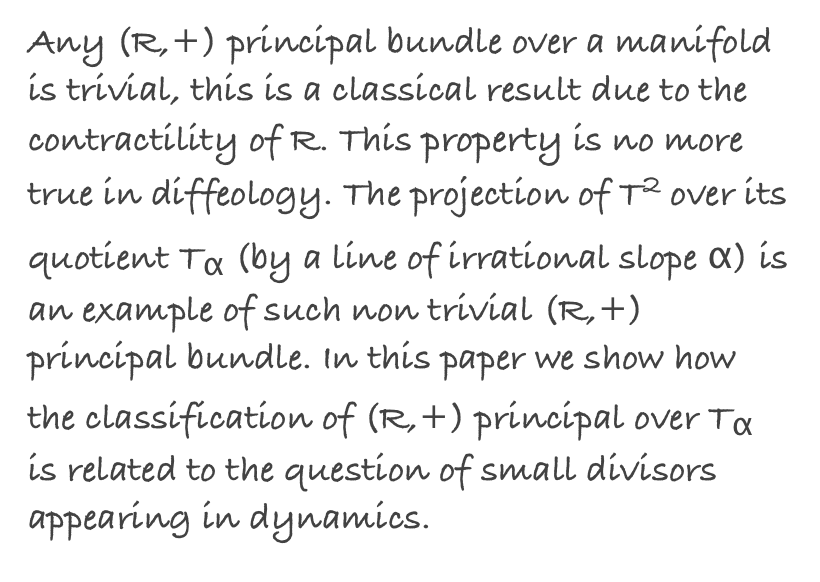 Any (R,+) principal bundle over a manifold is trivial, this is a classical result due to the contractility of R. This property is no more true in diffeology. The projection of T2 over its quotient Tα (by a line of irrational slope α) is an example of such non trivial (R,+) principal bundle. In this paper we show how the classification of (R,+) principal over Tα is related to the question of small divisors appearing in dynamics.