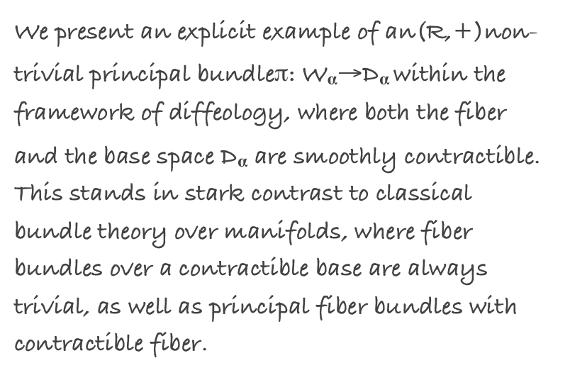 We present an explicit example of an(R,+)non-trivial principal bundleπ: Wα→Dα within the framework of diffeology, where both the fiber and the base space Dα are smoothly contractible. This stands in stark contrast to classical bundle theory over manifolds, where fiber bundles over a contractible base are always trivial, as well as principal fiber bundles with contractible fiber.