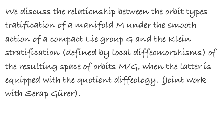 We discuss the relationship between the orbit types tratification of a manifold M under the smooth action of a compact Lie group G and the Klein stratification (defined by local diffeomorphisms) of the resulting space of orbits M/G, when the latter is equipped with the quotient diffeology. (Joint work with Serap Gürer).