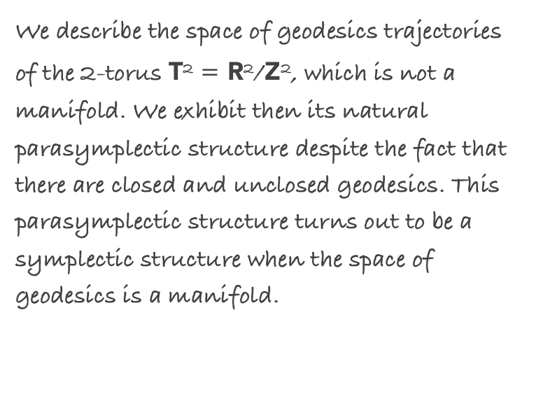 We describe the space of geodesics trajectories of the 2-torus T2 = R2/Z2, which is not a manifold. We exhibit then its natural parasymplectic structure despite the fact that there are closed and unclosed geodesics. This parasymplectic structure turns out to be a symplectic structure when the space of geodesics is a manifold.