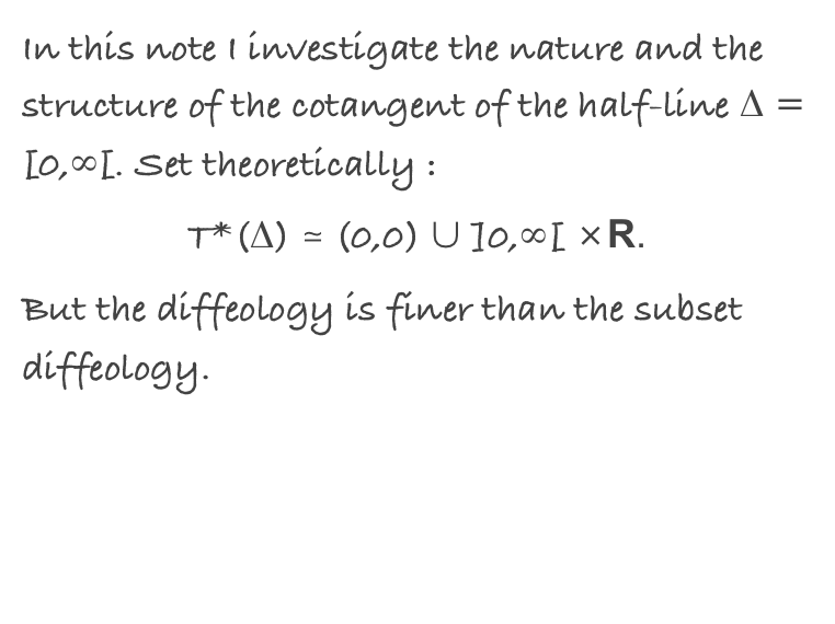 In this note I investigate the nature and the structure of the cotangent of the half-line ∆ = [0,∞[. Set theoretically : 
T*(∆) ≃ (0,0) ∪ ]0,∞[ ×R.
But the diffeology is finer than the subset diffeology.